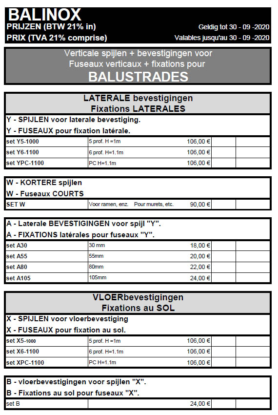 prijslijst balinox